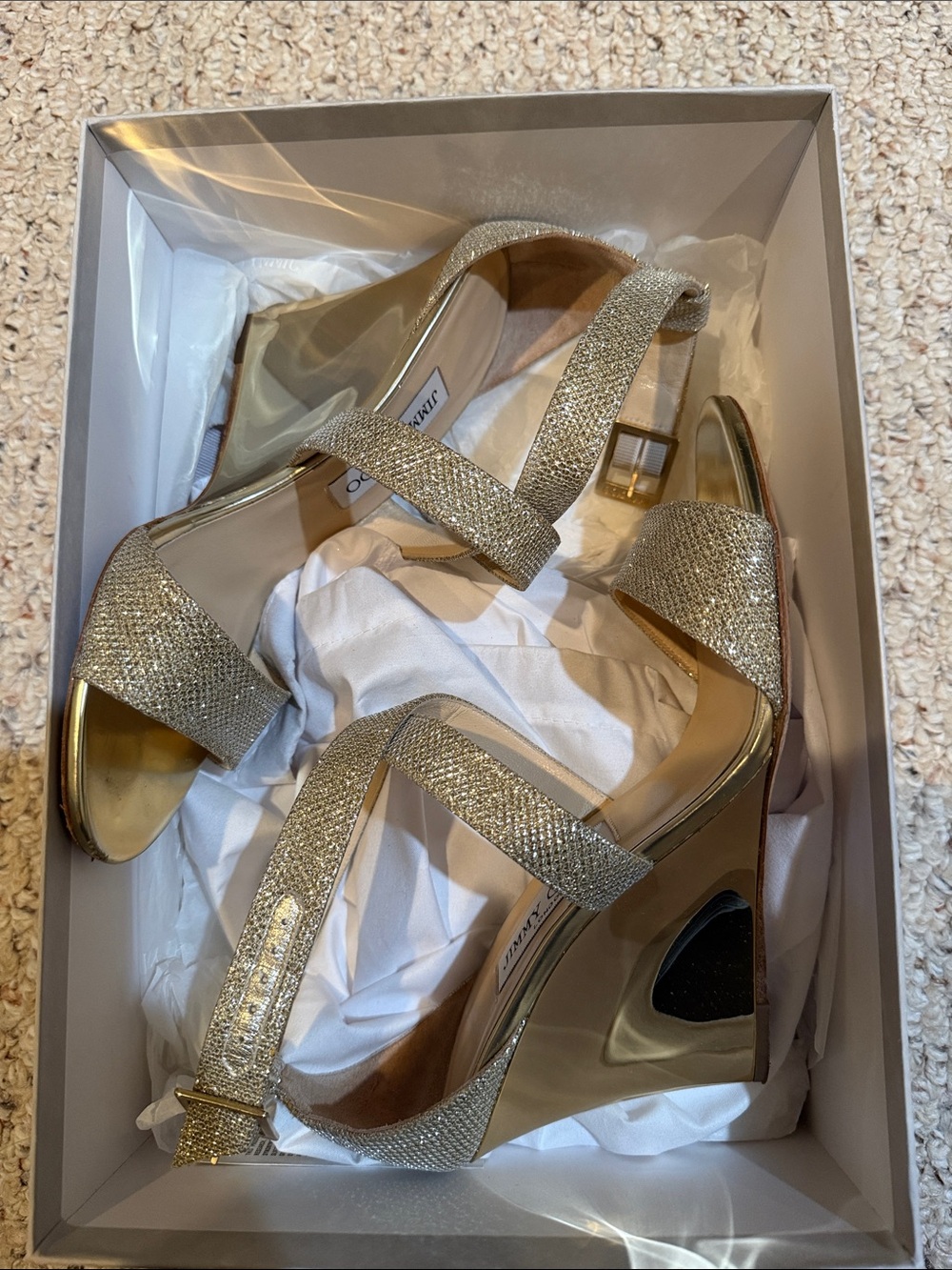 Jimmy Choo Gold Glitter Wedge Sandals with Ankle Strap
